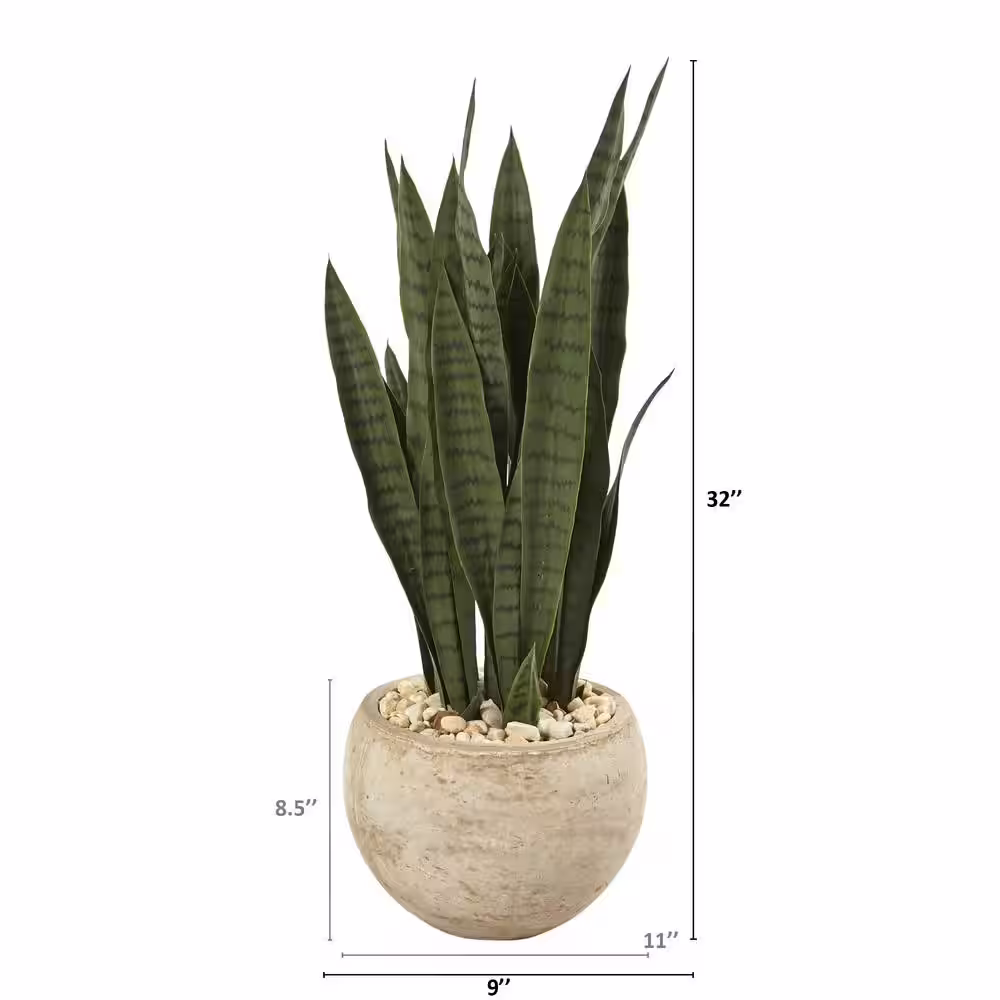 Nearly Natural 32 in. Sand Colored Sansevieria Artificial Plant Planter