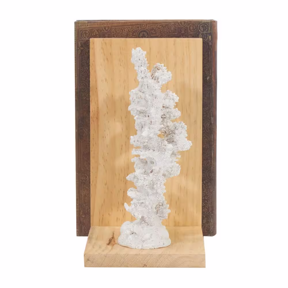 Litton Lane White Resin Textured Coral Bookends with Brown L-Shaped Stands (Set of 2)