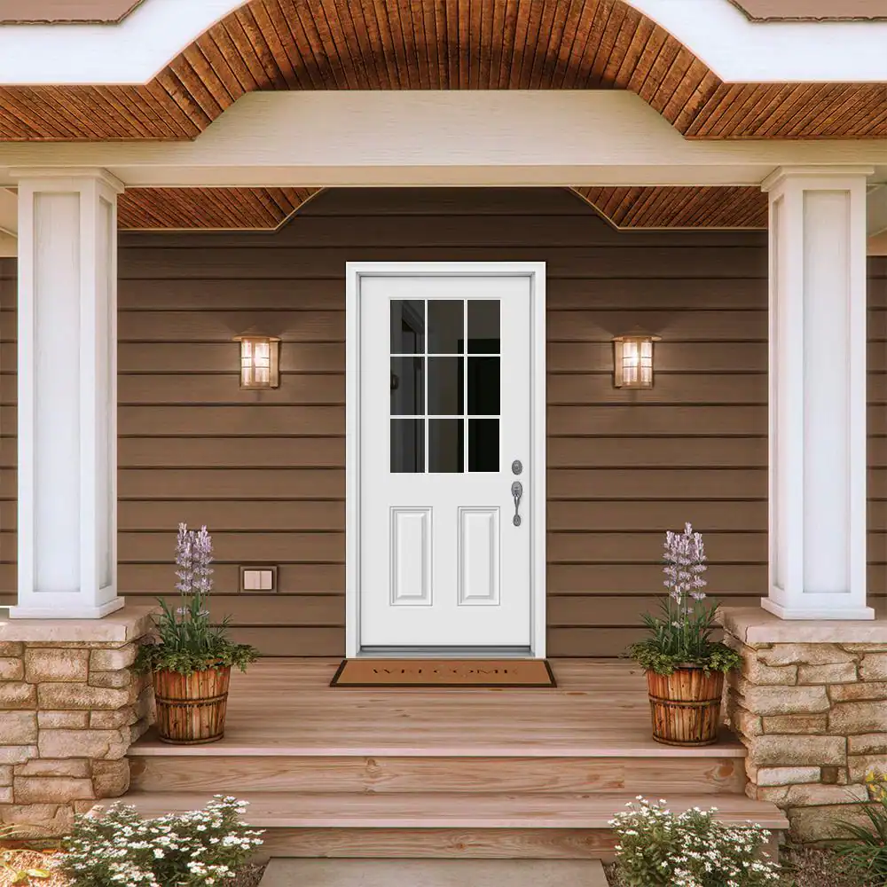 JELD-WEN 36 in. x 80 in. 9 Lite Primed Fiberglass Prehung Entry Door with Brickmould