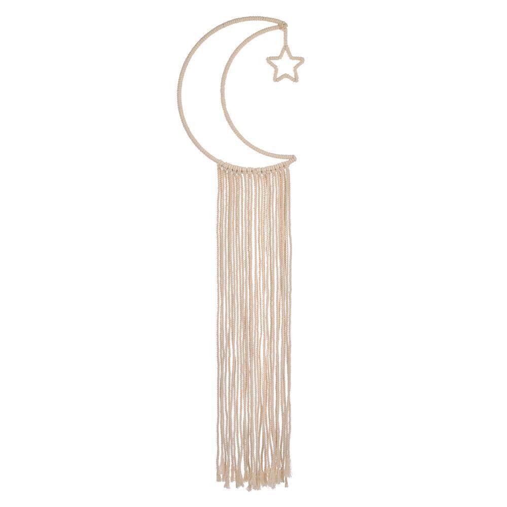 LITTLE LOVE BY NOJO 18 in. Natural Ivory Macrame Moon Shaped Wall Decor With Fringe