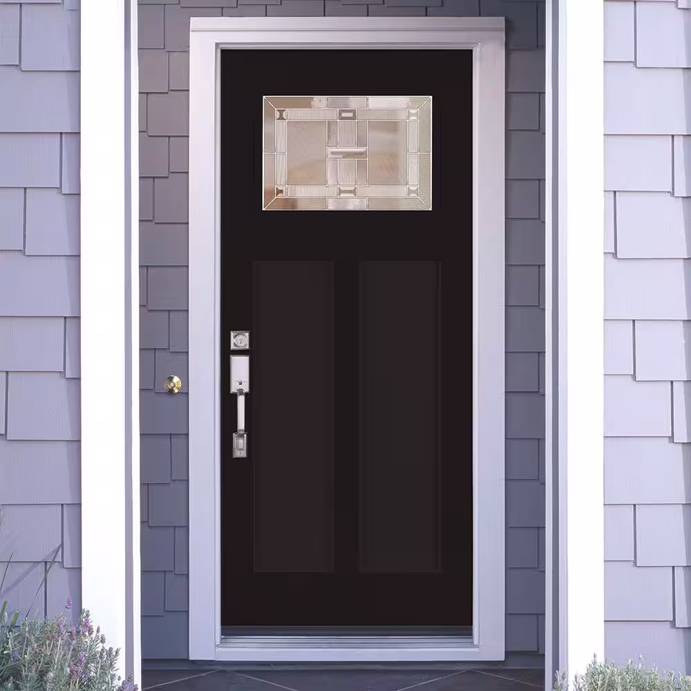Feather River Doors Clarkston 36 in. x 80 in. Left Hand Inswing Zinc 1/4 Lite Painted Black Fiberglass Prehung Front Door