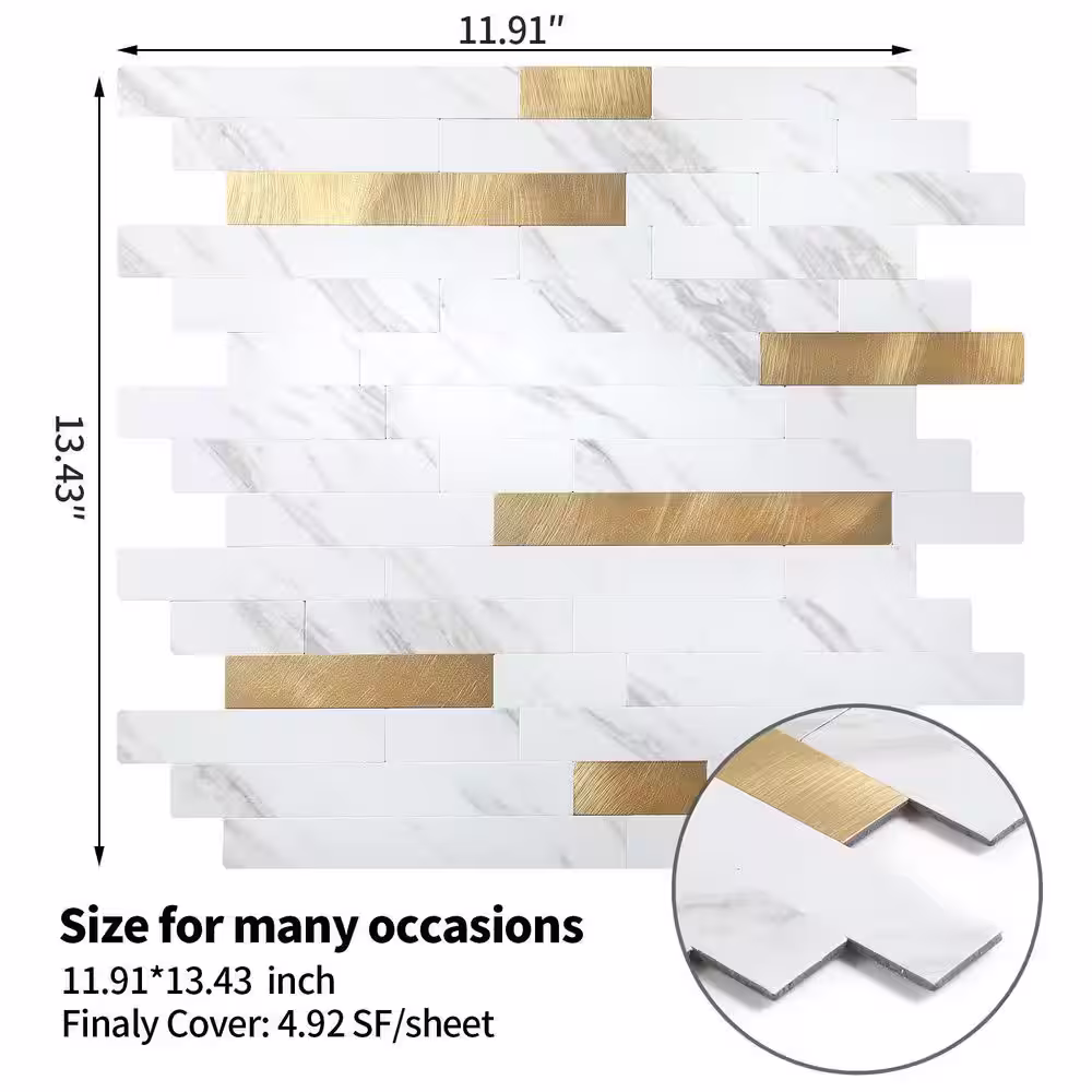 None Marble Collection Carla with Gold 12 in. x 12 in. PVC Peel and Stick Tile (5 sq. ft./5-Sheets)
