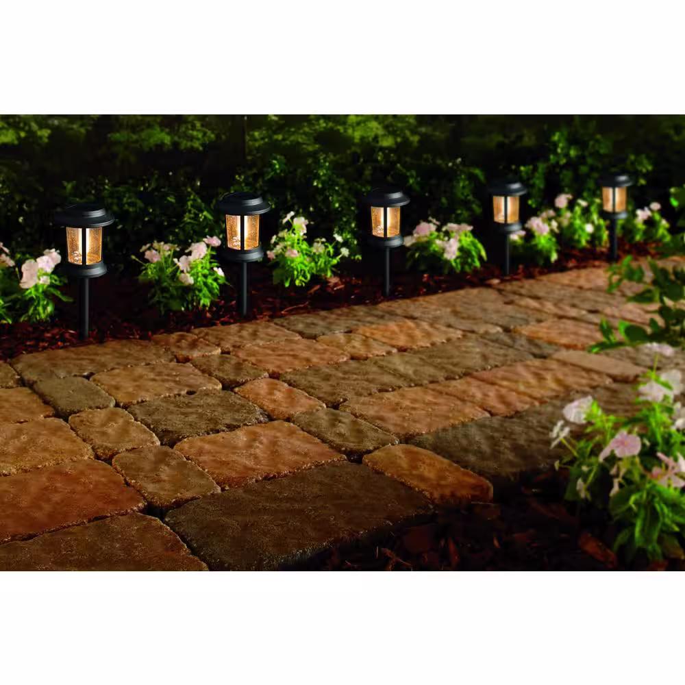 Hampton Bay 12 Lumens Black Integrated LED 3000K Outdoor Solar Landscape Path Light Set with Vintage Bulb and Seedy Glass (6-Pack)