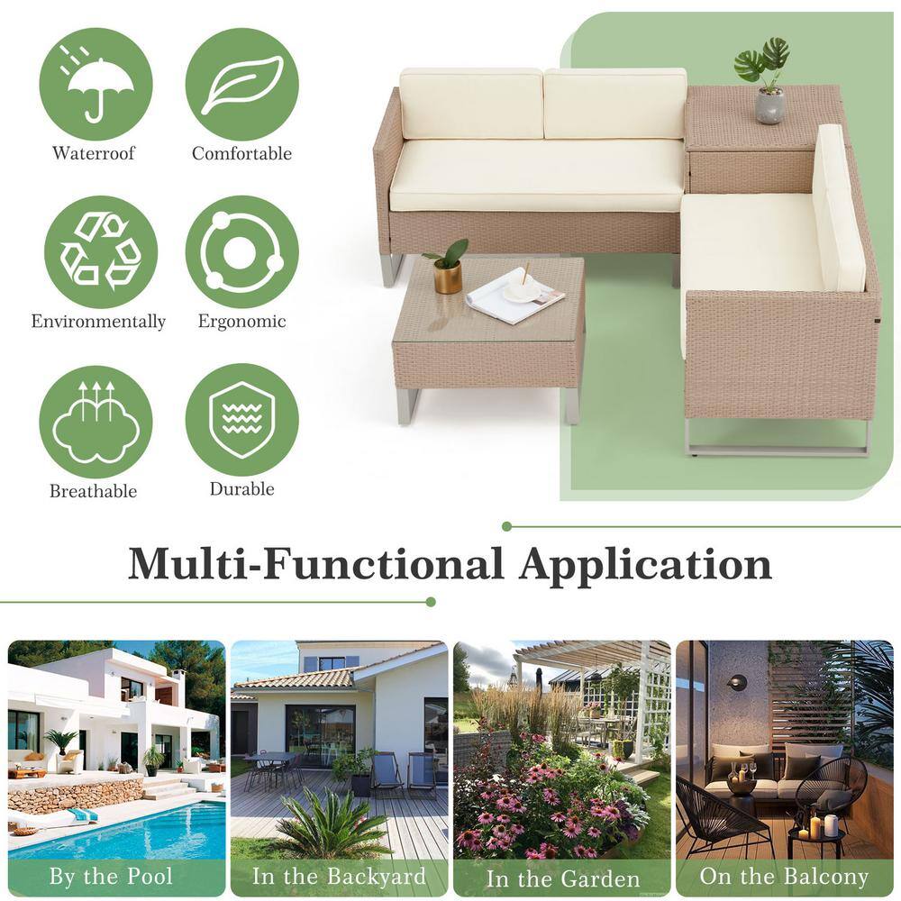 None 4-Piece Patio Conversation Sets, Rattan Wicker Sectional Sofa Couch and Coffee Table with Storage Cabinet, Beige
