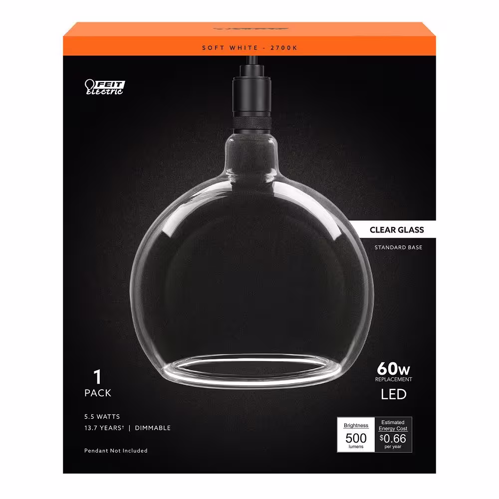 Feit Electric 60-Watt Equivalent Round Dimmable Oversized Clear Glass E26 Medium Base LED Light Bulb Soft White 2700K (3-Pack)