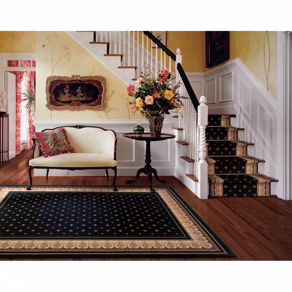 Natco Sapphire Fleur De Lis Black 33 in. Width x Your Choice Length Stair Runner Rug