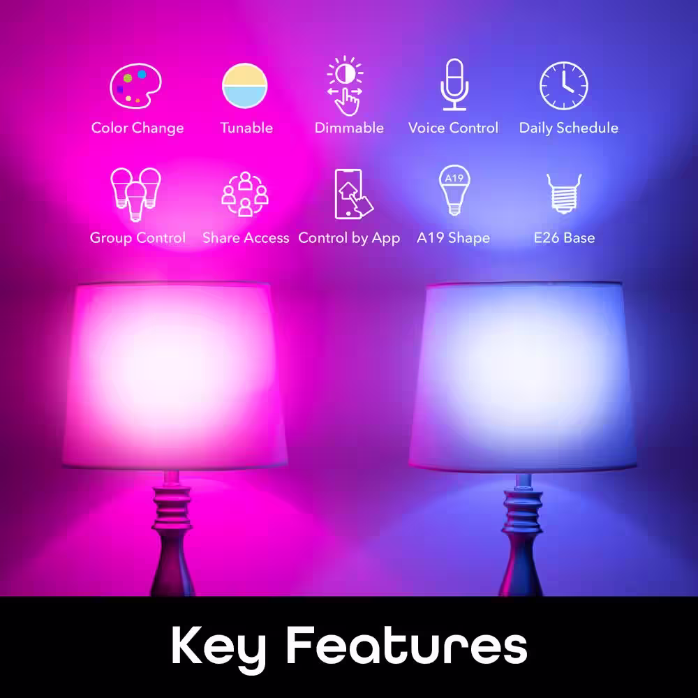 Geeni 60-Watt Equivalent Prisma Plus 800 A19 Dimmable and Tunable White Smart LED Light Bulb Multi-Color 2700-6500K (4-Pack)