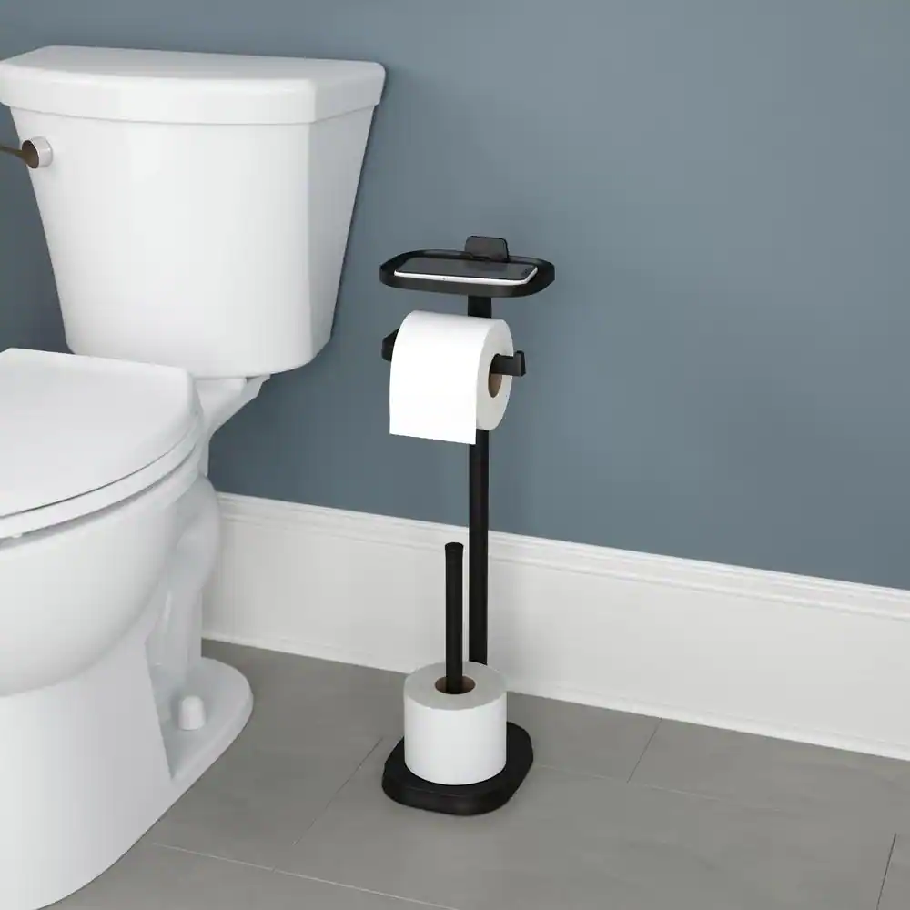 Delta Free Standing Toilet Paper Holder with Storage Shelf and Extra Roll Holder in Matte Black