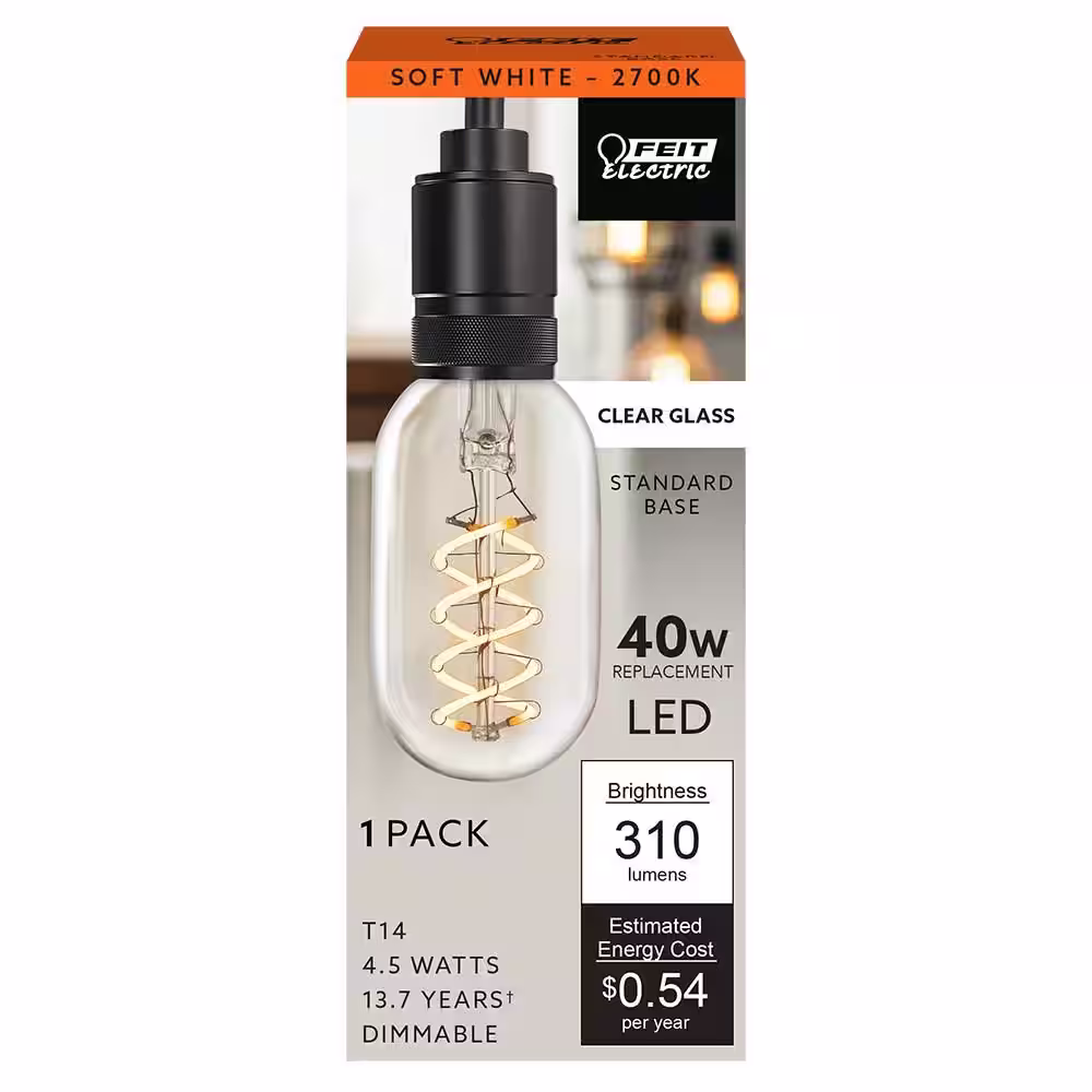 Feit Electric 40-Watt Equivalent T14 Dimmable Spiral Filament Clear Glass E26 Vintage Edison LED Light Bulb, Soft White (4-Pack)