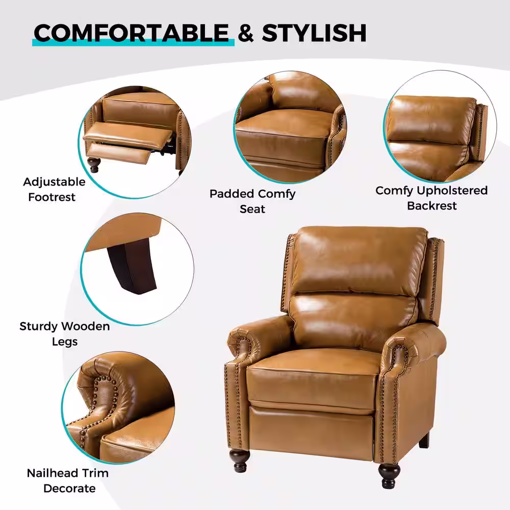 JAYDEN CREATION Elisabete Modern Retro Camel Nail Head Trim Genuine Leather Cigar Recliner with Tapered Birch Wood Legs