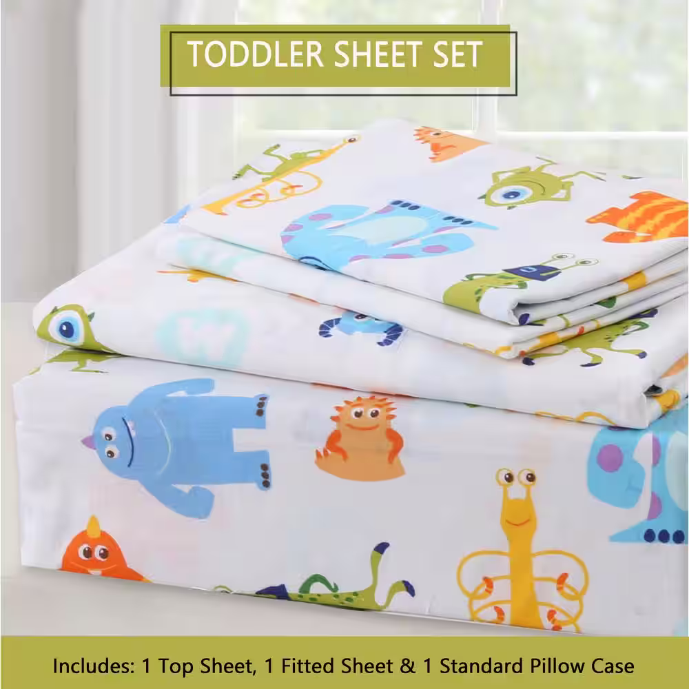 None Little Friendly Monsters Smile 3-Piece Multicolor Blue Orange Cotton Toddler Sheet Set