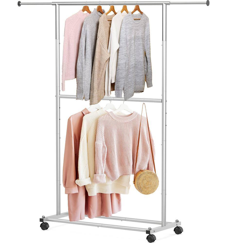 None Gray Alloy Steel Garment Clothes Rack Double Rods 30.5 in. W x 64.2 in. H