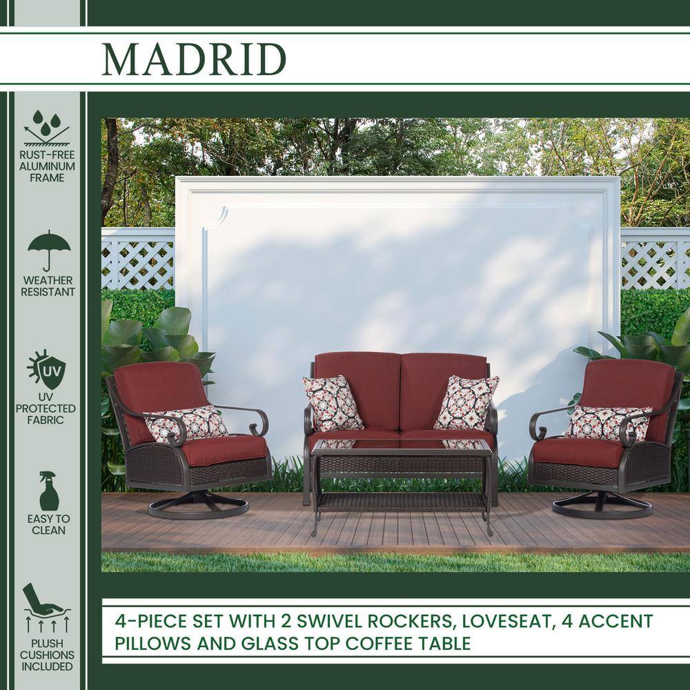 Hanover Madrid 4-Piece Wicker Patio Conversation Set w/ Red Cushions, 2 Swivel Chairs, Loveseat, Coffee Table, All-Weather