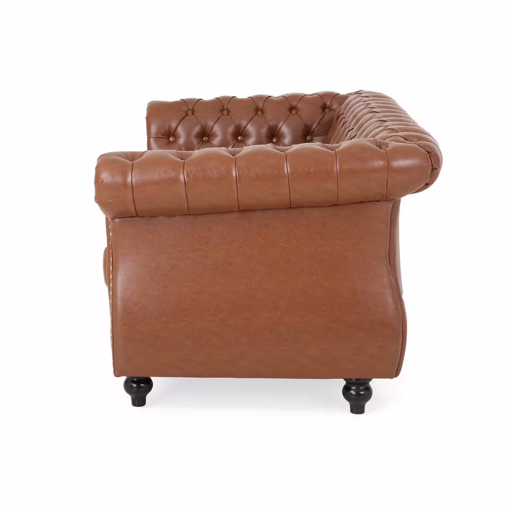 Noble House Silverdale 61.75 in. Cognac Brown Solid Faux Leather 2-Seat Loveseats with Nailhead