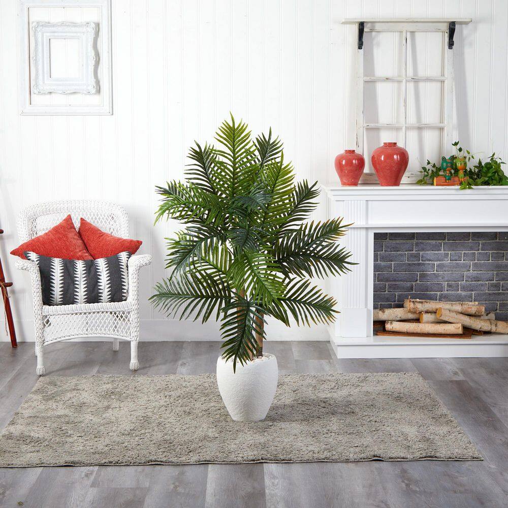 Nearly Natural Indoor 5 ft. Areca Palm Artificial Tree in White Planter Real Touch
