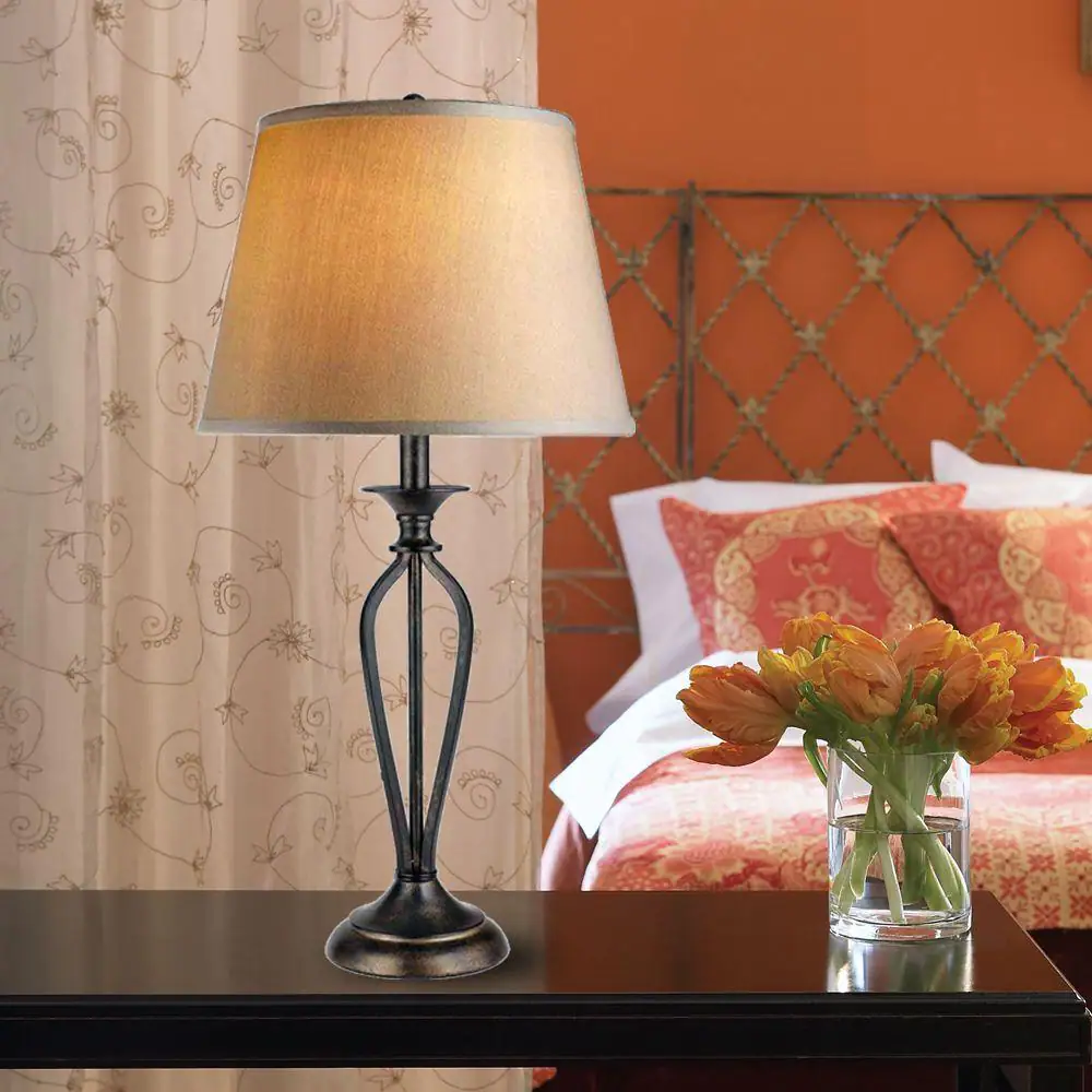 Hampton Bay Rhodes 28 in. Bronze Table Lamp with Natural Linen Shade