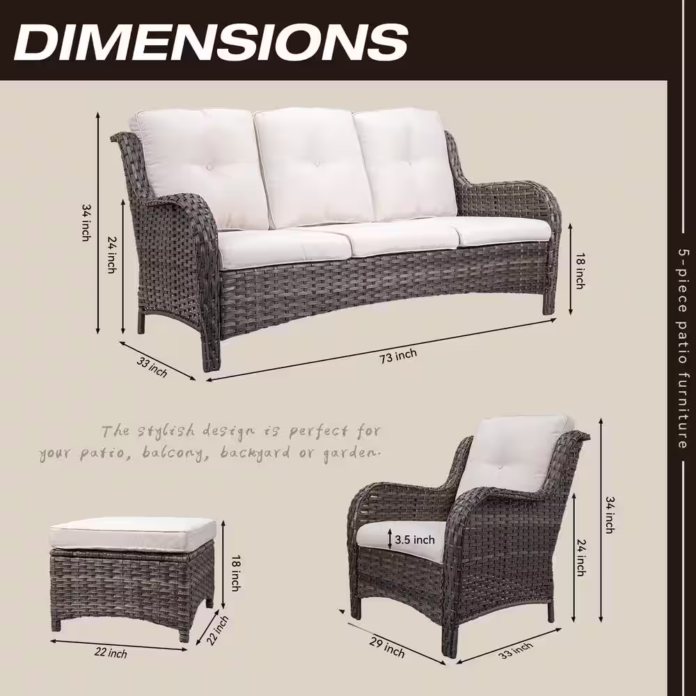 JOYSIDE 5-Piece Wicker Outdoor Patio Seating Conversation Set Sectional Sofa with Beige Cushions