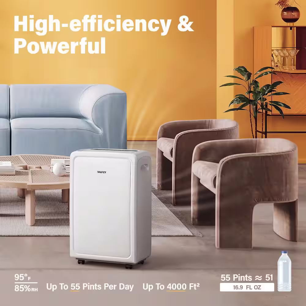 Yaufey 55-Pints 4500 sq. ft Home Dehumidifier for Basements and Oversized Rooms with Drain and Water Tank
