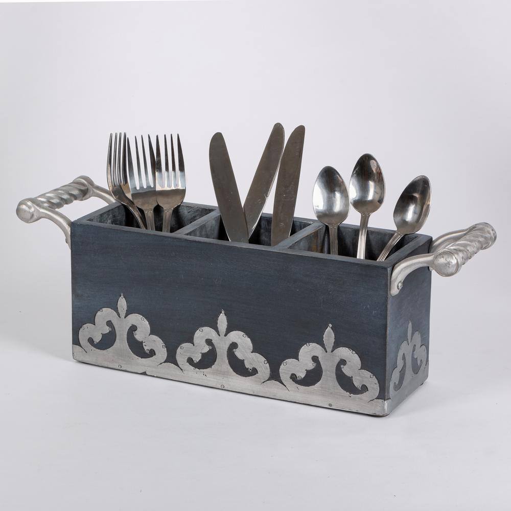 GG COLLECTION Gray-washed 6 in. H x 15.25 in. W x 4.25 in. D Mango Wood Metal-Inlay Flatware and Utensil Organizers