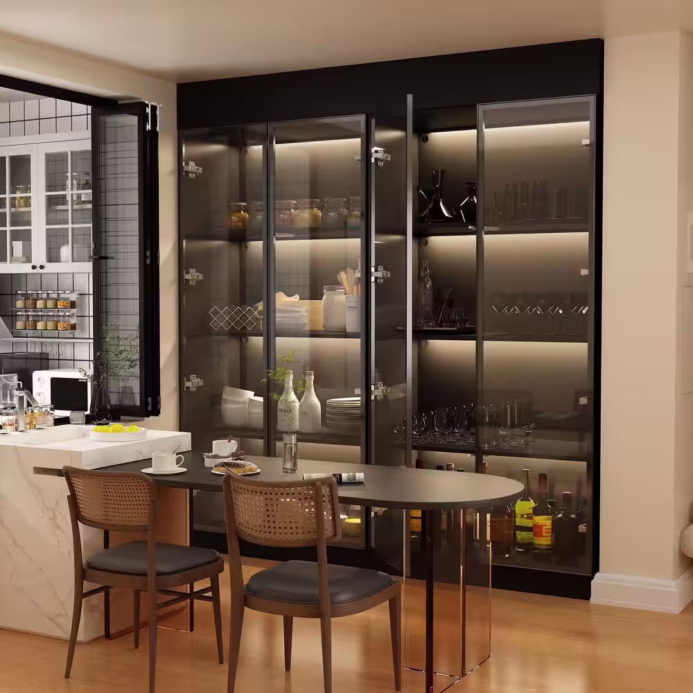 None LED Lights Buffet Sideboard Cupboard Food Pantry With Tempered Glass Doors and Aluminum Framed