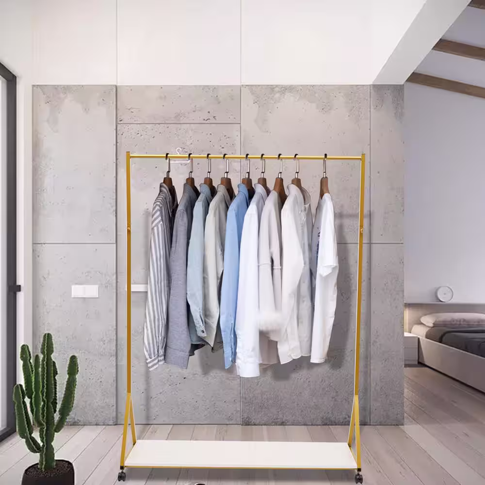 None Freestanding Rolling Gold Metal Clothes Rack with Shelf & Wheels 45.66 in. W x 64.17 in. H