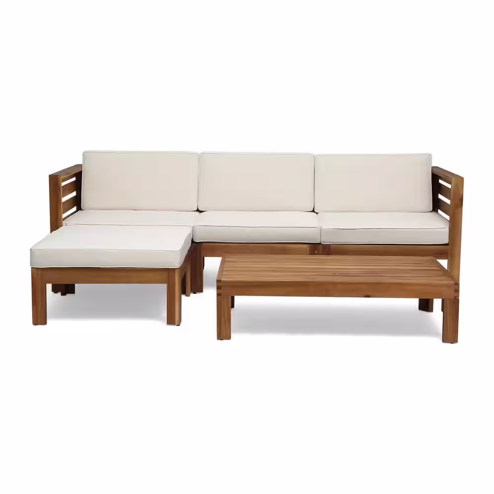 Noble House Cambridge Teak Brown 5-Piece Wood Patio Conversation Sectional Seating Set with Beige Cushions