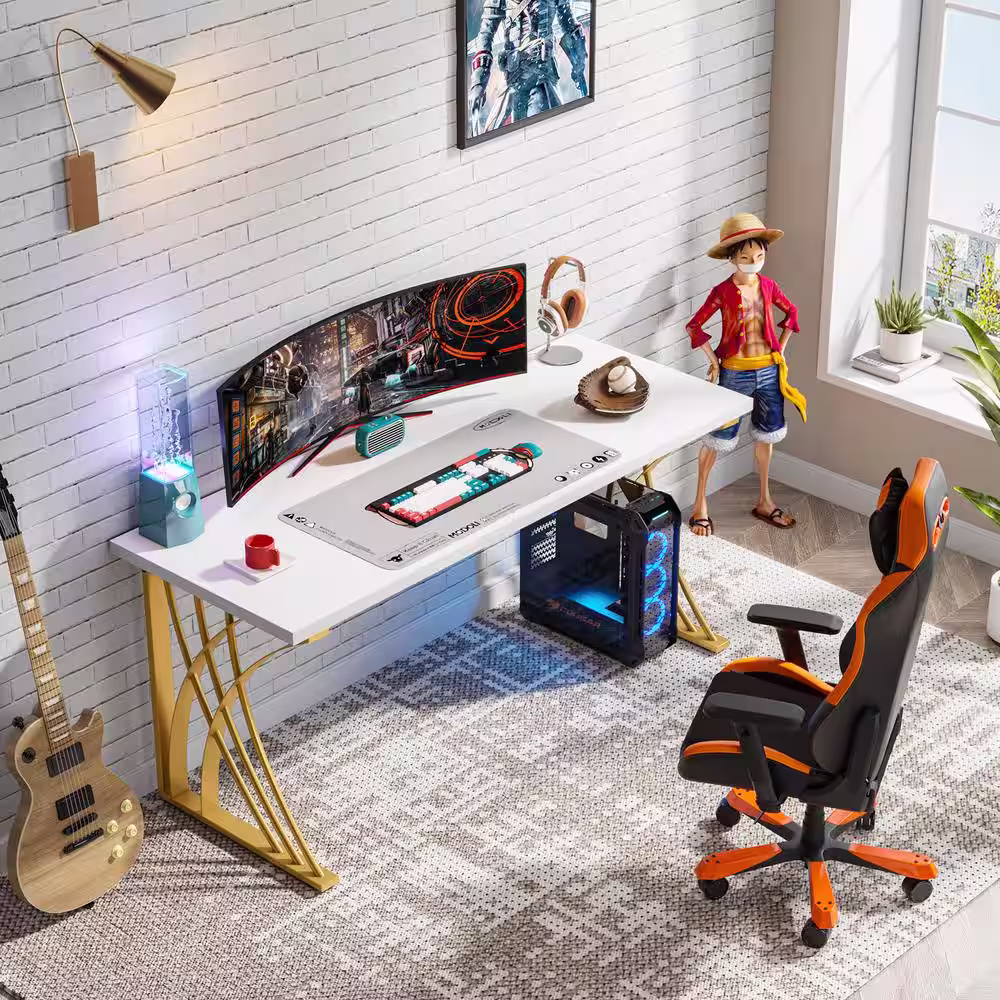 TRIBESIGNS WAY TO ORIGIN Perry 55 in. White Gold Wood Laptop PC Computer Desk Console Makeup Vanity Table Sturdy Writing Workstation