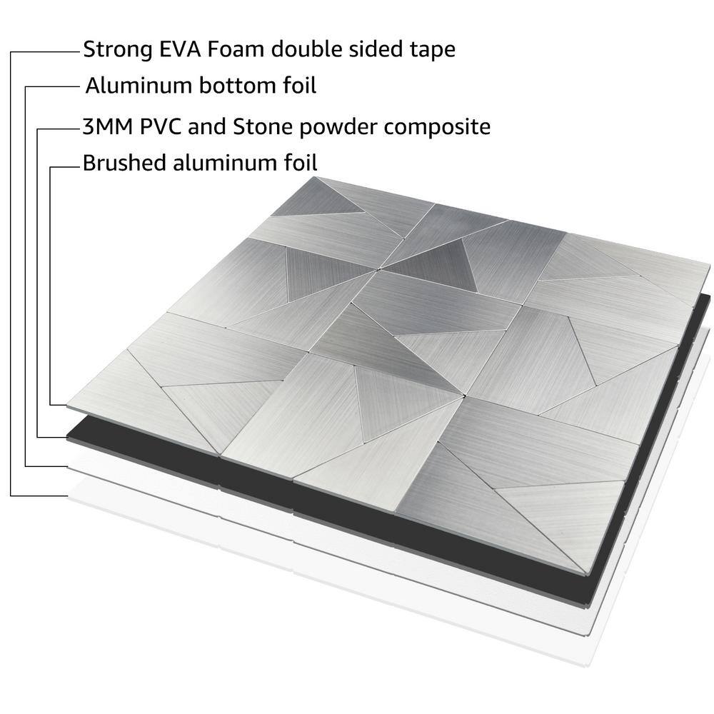 Art3d Triangle Jigsaw Silver 12 in. x 12 in. Stainless Steel Peel and Stick Tile Backsplash ( 9.7 sq ft. /pack)