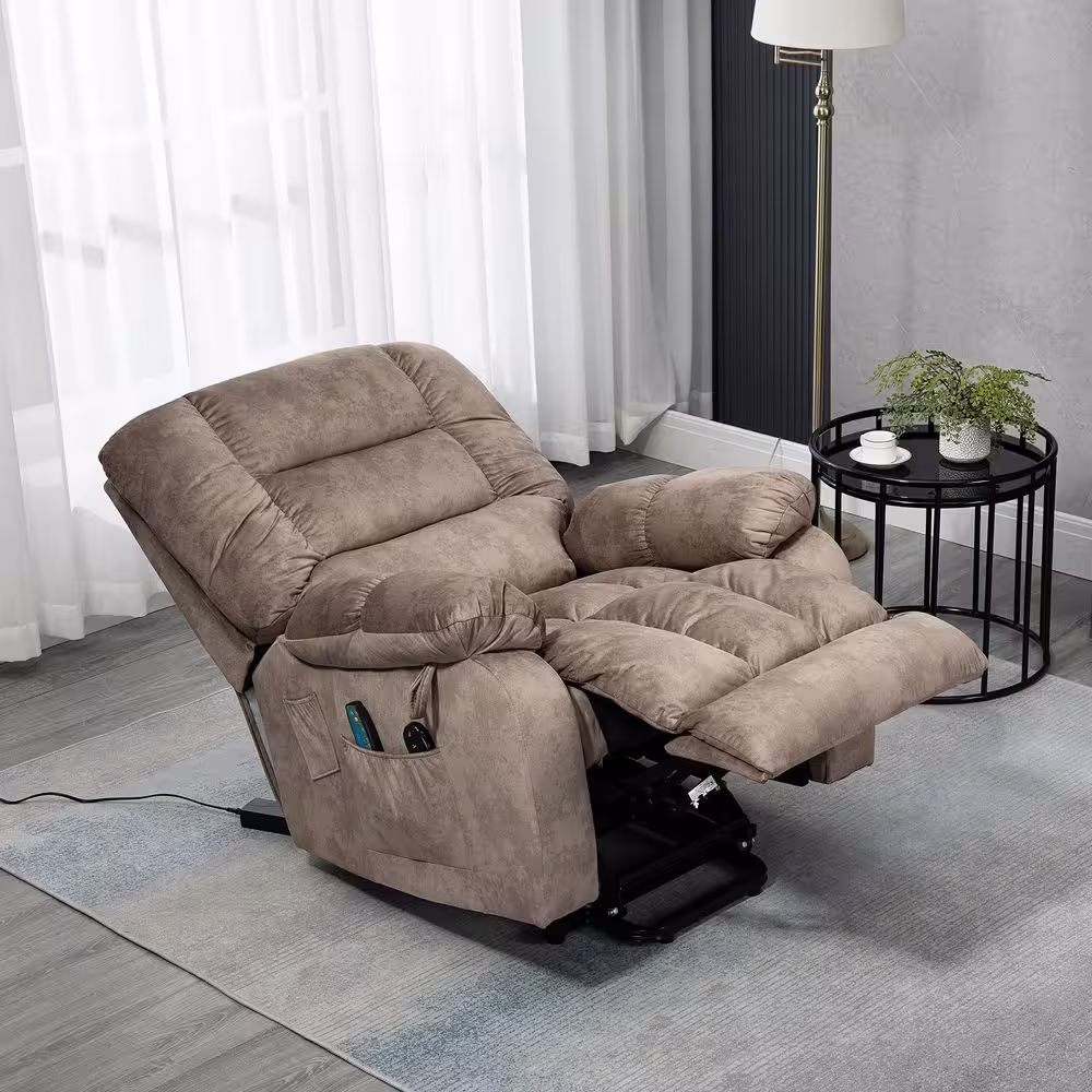 KINWELL Camel Chenille Fabric Power Electric Lift Vibration Massage Heating Overstuffed Breathable Recliner with Side Pocket
