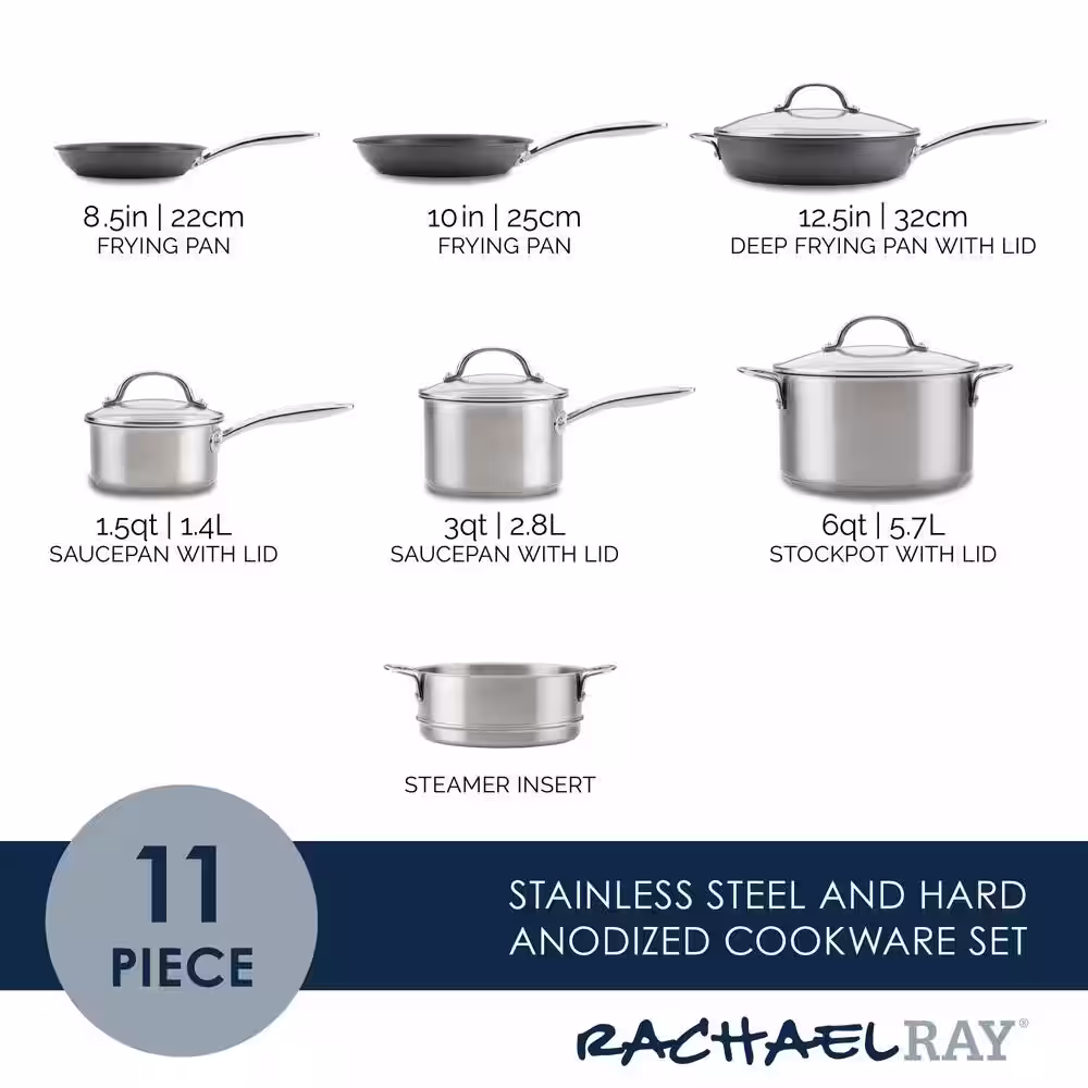 Rachael Ray 11-Piece Stainless Steel Professional Cookware Set with Lids