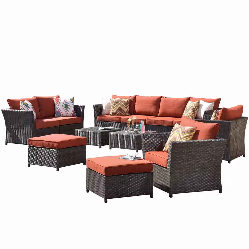 XIZZI Zeus Brown 12-Piece Wicker Outdoor Patio Conversation Sectional Sofa Set with Orange Red Cushions