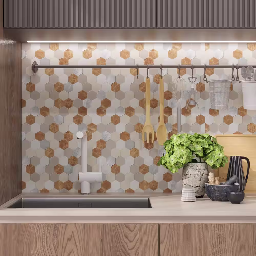 AVANT DECOR Aloha Brown Gray and Silver Small Warm Aluminum Subway 11.33in. x 10.62in. Metal Peel and Stick Tile(6.68 sq.ft./8-Pack)