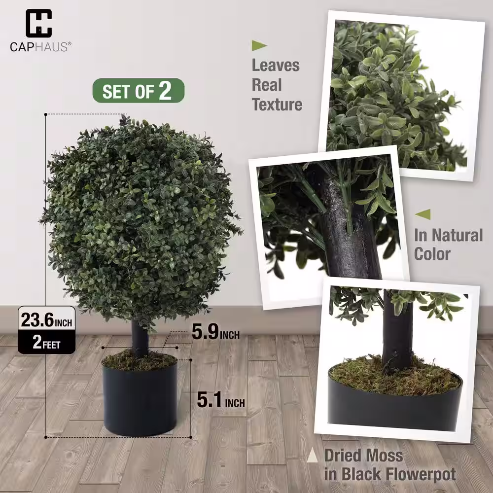 None 2 ft. Green Leaves Artificial Boxwood Topiary Ball Tree Artificial UV Resistant Bushes Faux Potted Tree (Set of 2)
