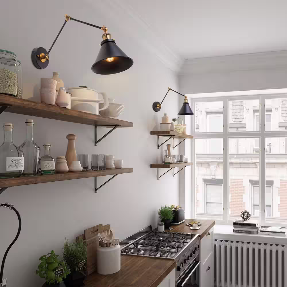 LNC Matte Black Industrial Wall Sconce 1-Light Bell Swing Arm Desk Lamp Hardwired/Plug-In Modern Brass Wall Light