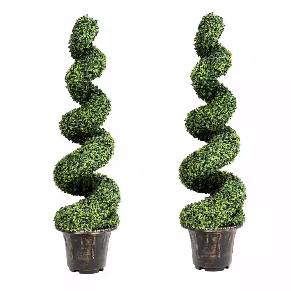 ANGELES HOME 4 ft. 2-Piece Green Indoor Outdoor Decorative Artificial Boxwood Spiral Tree in Pot, Faux Fake Tree Plant