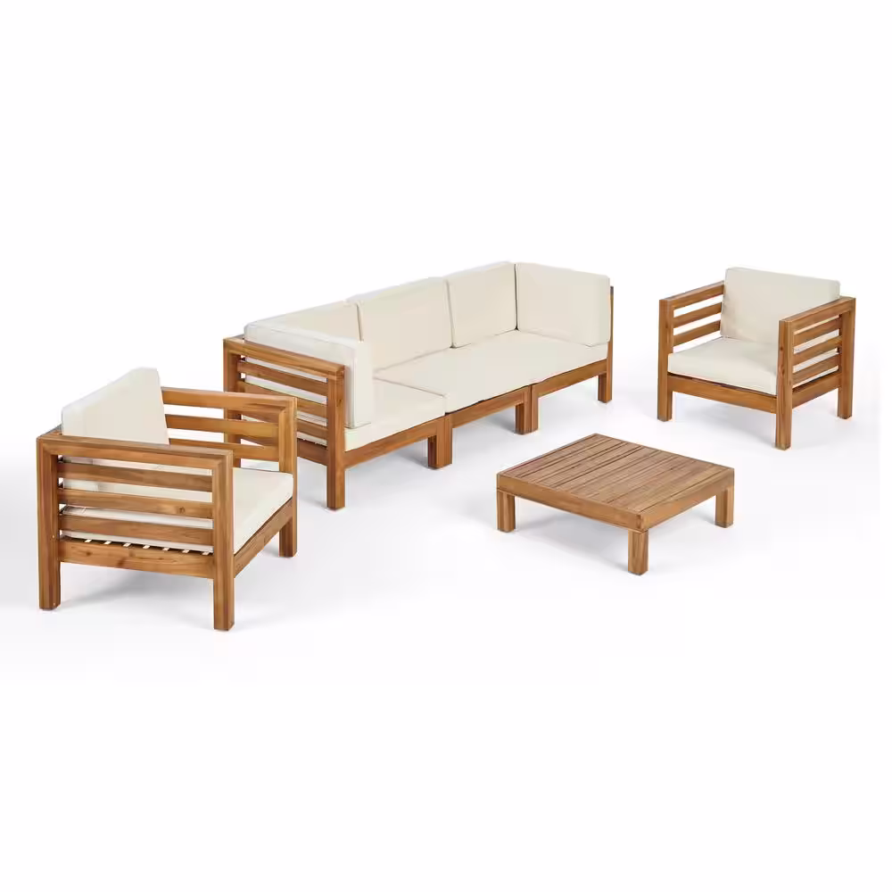 Noble House Oana Teak Brown 6-Piece Wood Patio Conversation Seating Set with Beige Cushions