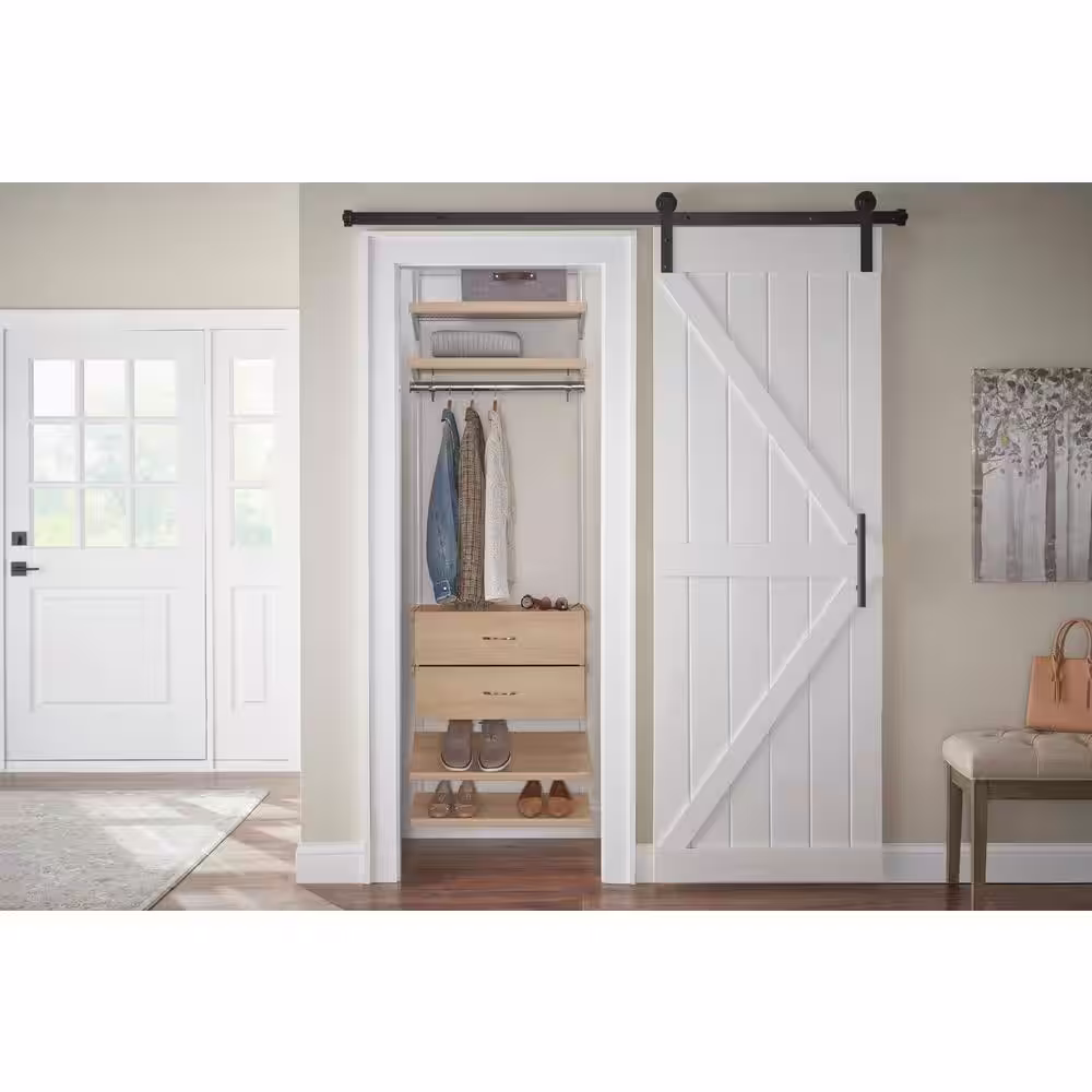 Everbilt Genevieve 2 ft. Birch Adjustable Closet Organizer Long Hanging Rod with Shoe Rack and 2 Drawers