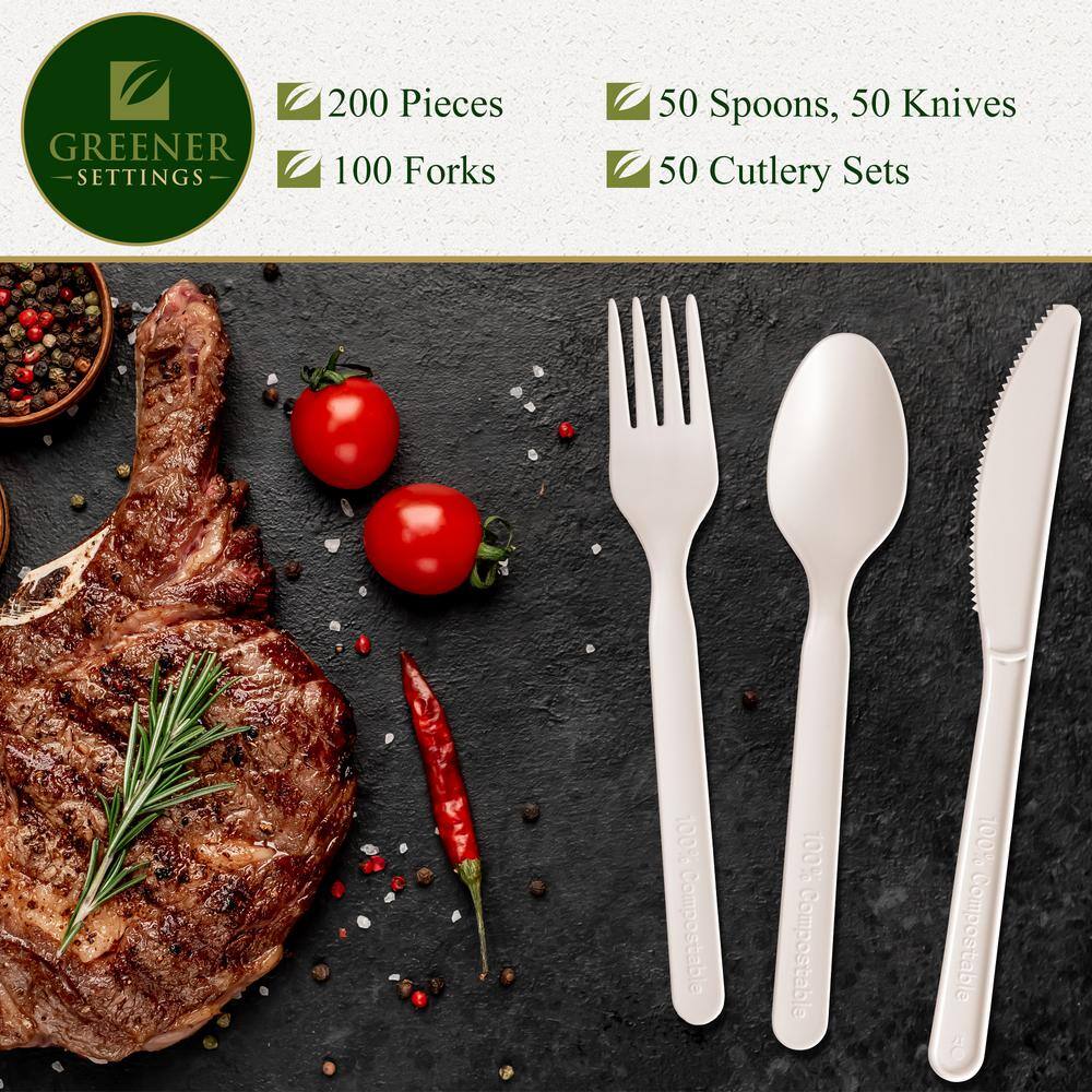 None Ivory Disposable CPLA Utensils Four-Piece Cutlery Set, 2-Forks/Knife/Spoon [50-Sets]