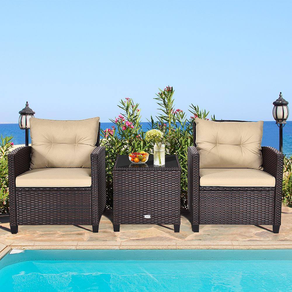 HONEY JOY Brown 3-Pieces Wicker Patio Conversation Set Outdoor Rattan Furniture with Beige Cushions