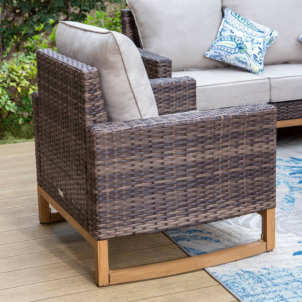 None Metal 7 Seat 9-Piece Rattan Wicker Steel Outdoor Patio Conversation Set With Beige Cushions and Wood-Colored Table