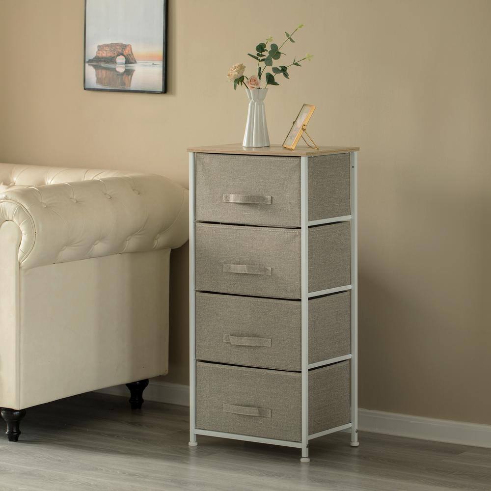 Basicwise San Bins and White Frame 4-Storage Night Chest and Storage Chest, Beige, 4 Drawers