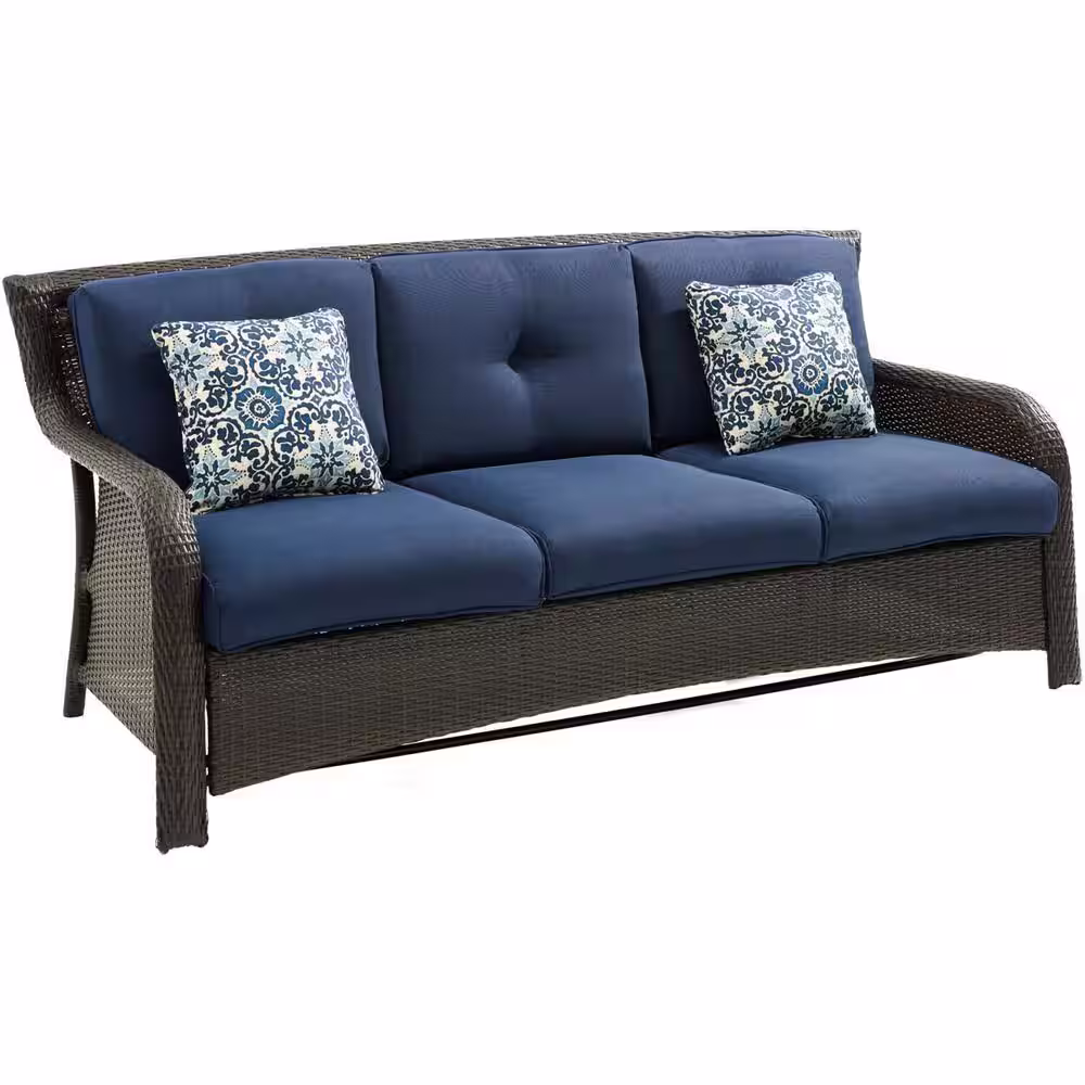 Cambridge Corrolla 4-Piece Lounge Set with Sofa, 2 Swivel Gliders with cushions, and Woven Coffee Table, Navy Blue