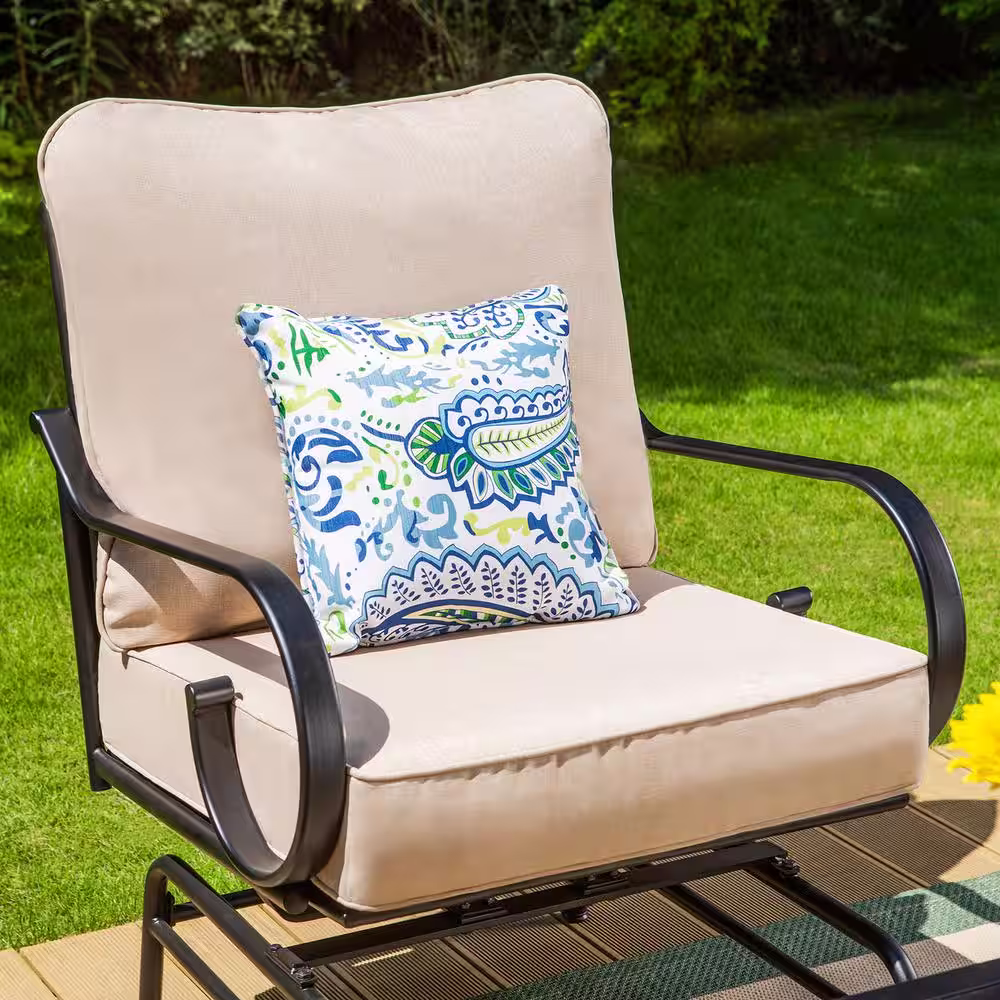 None 7 Seat 5-Piece Black Metal Steel Outdoor Patio Conversation Set with Beige Cushions, 2 Motion Chairs And Table