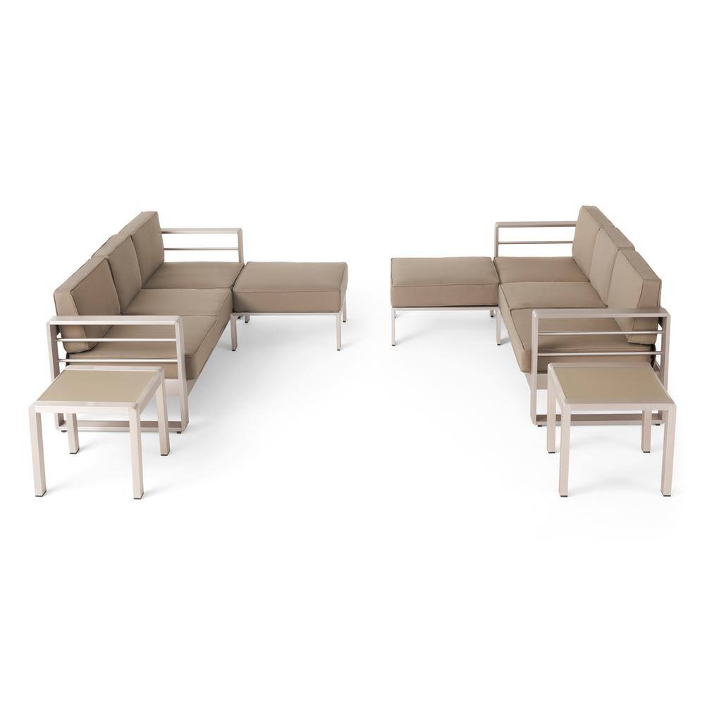 Noble House Cape Coral Silver 6-Piece Aluminum Patio Conversation Sectional Seating Set with Khaki Cushions