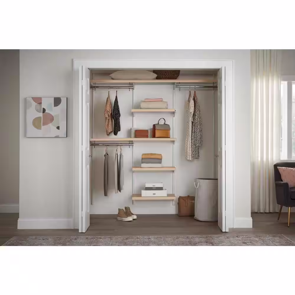 Everbilt Genevieve 6 ft. Birch Adjustable Closet Organizer Long and Double Long Hanging Rods with 5 Shelves