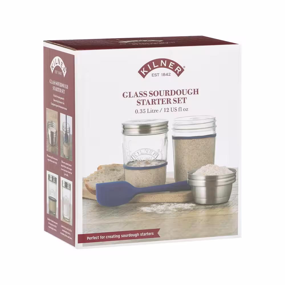 KILNER Create and Make 2-Piece Glass Sourdough Starter Set with Lids and Silicone Spatula
