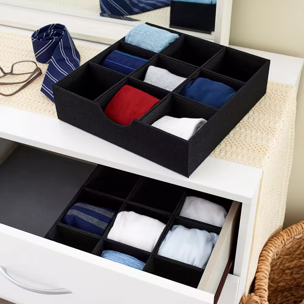 HOUSEHOLD ESSENTIALS 12 in. W x 3 in. H 1 Black Linen 1 Drawer Unit 9 Section Hard-Sided Trays (2-Pack)