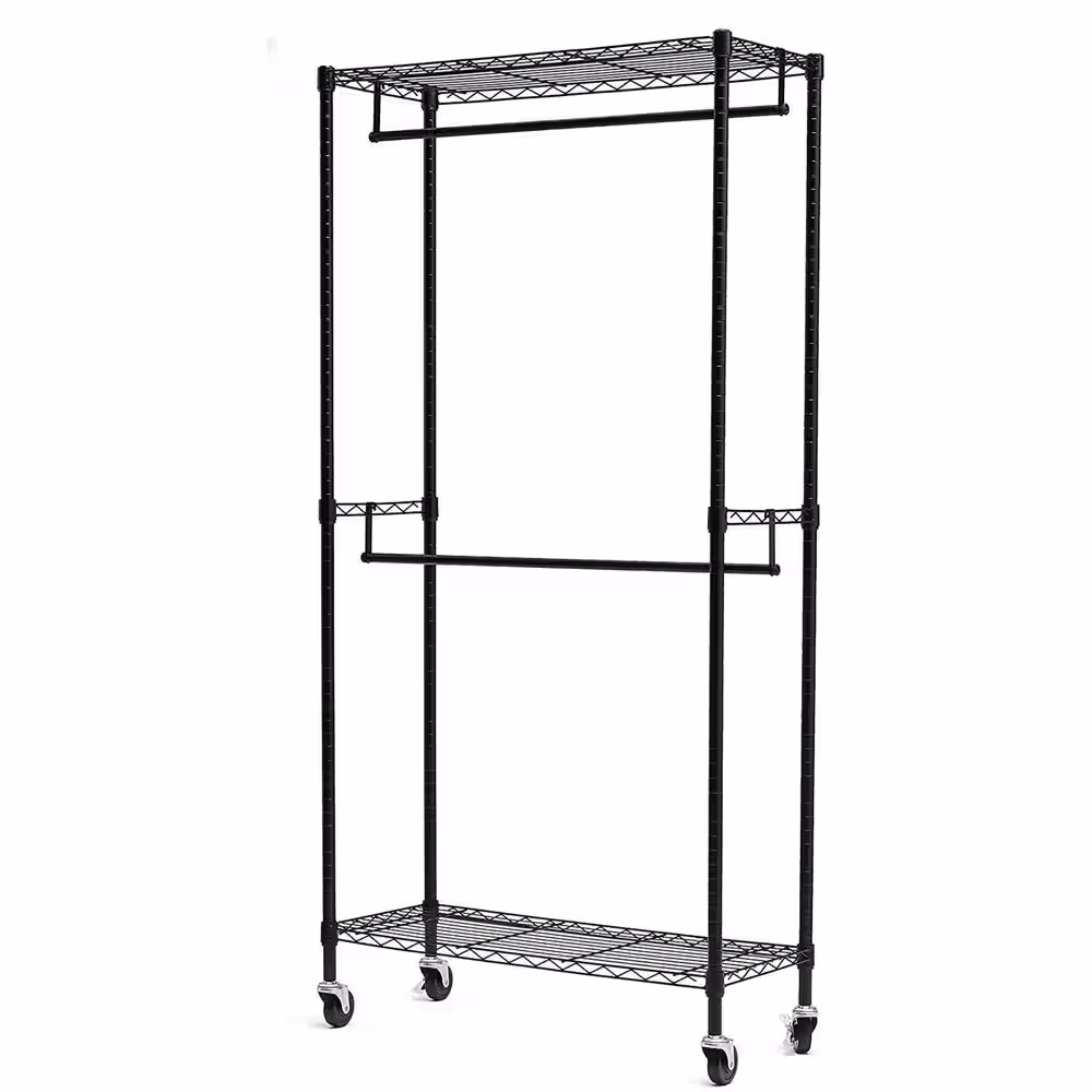 None Black Steel Garment Clothes Rack With Double Rod 36 in. W x 72 in. H