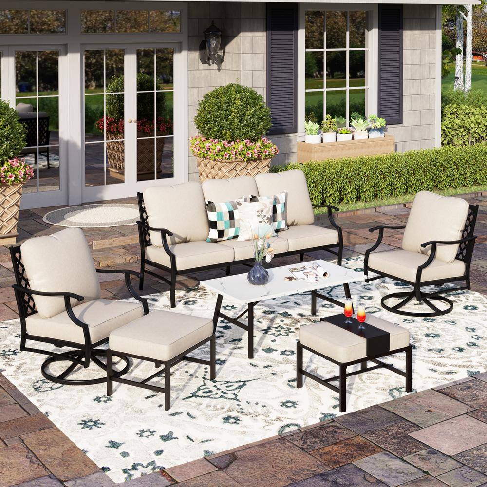 None Black Meshed 7-Seat 6-Piece Metal Outdoor Patio Conversation Set with Beige Cushions and Table with Marble Pattern Top