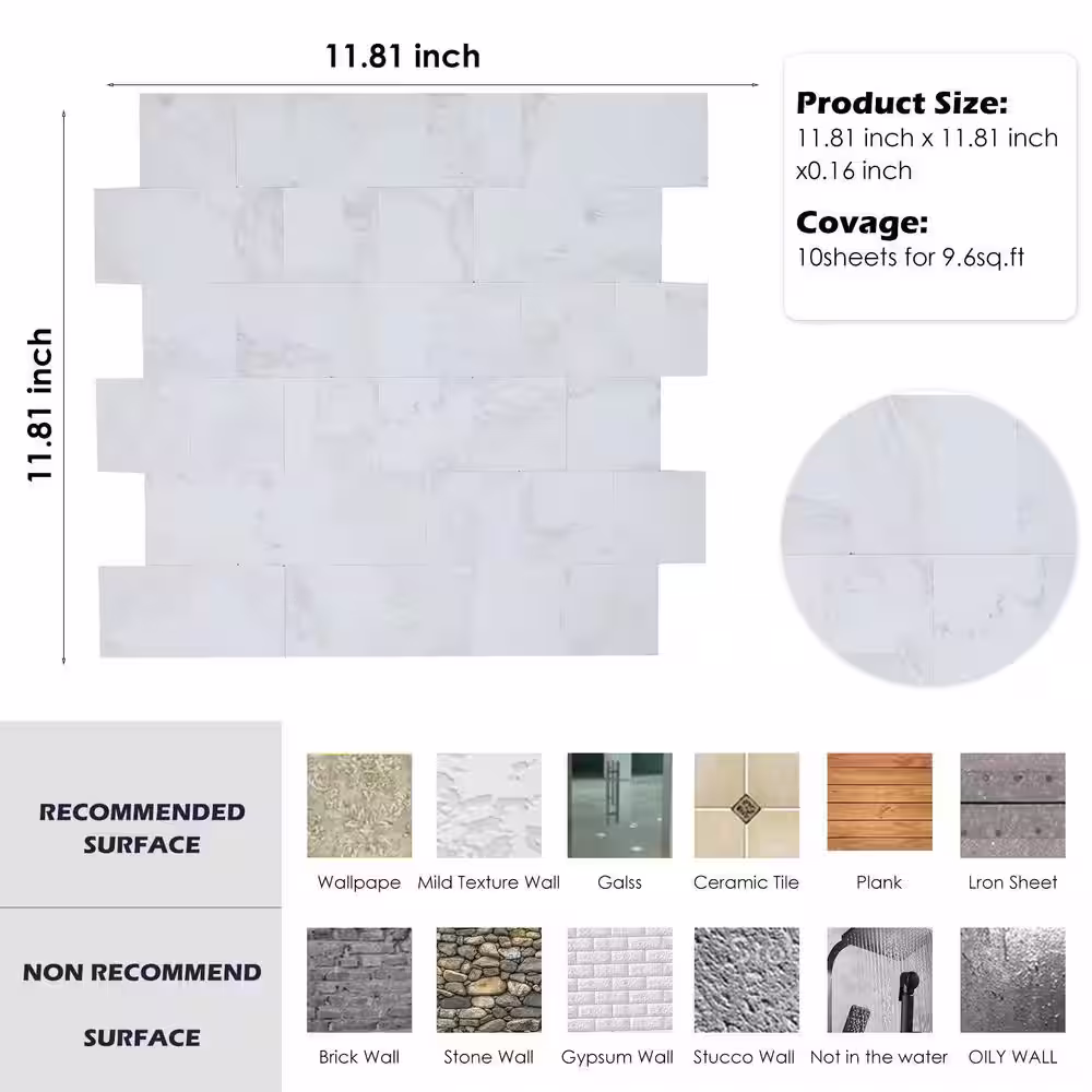 None Marble Collection White 12 in. x 12 in. PVC Peel and Stick Tile (5 sq. ft./5-Sheets)